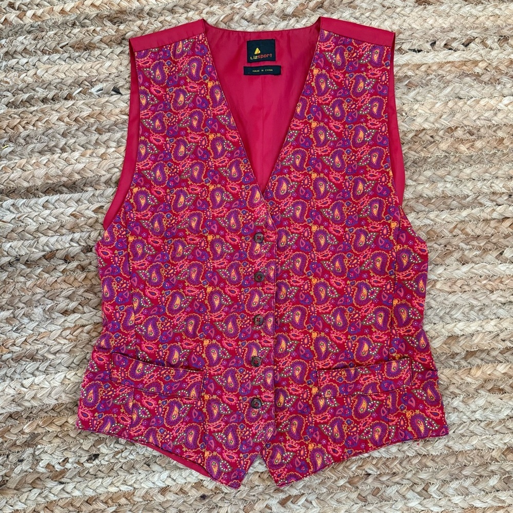 Vintage Liz Sport Medium Red Quilted Paisley Vest Waistcoat Top